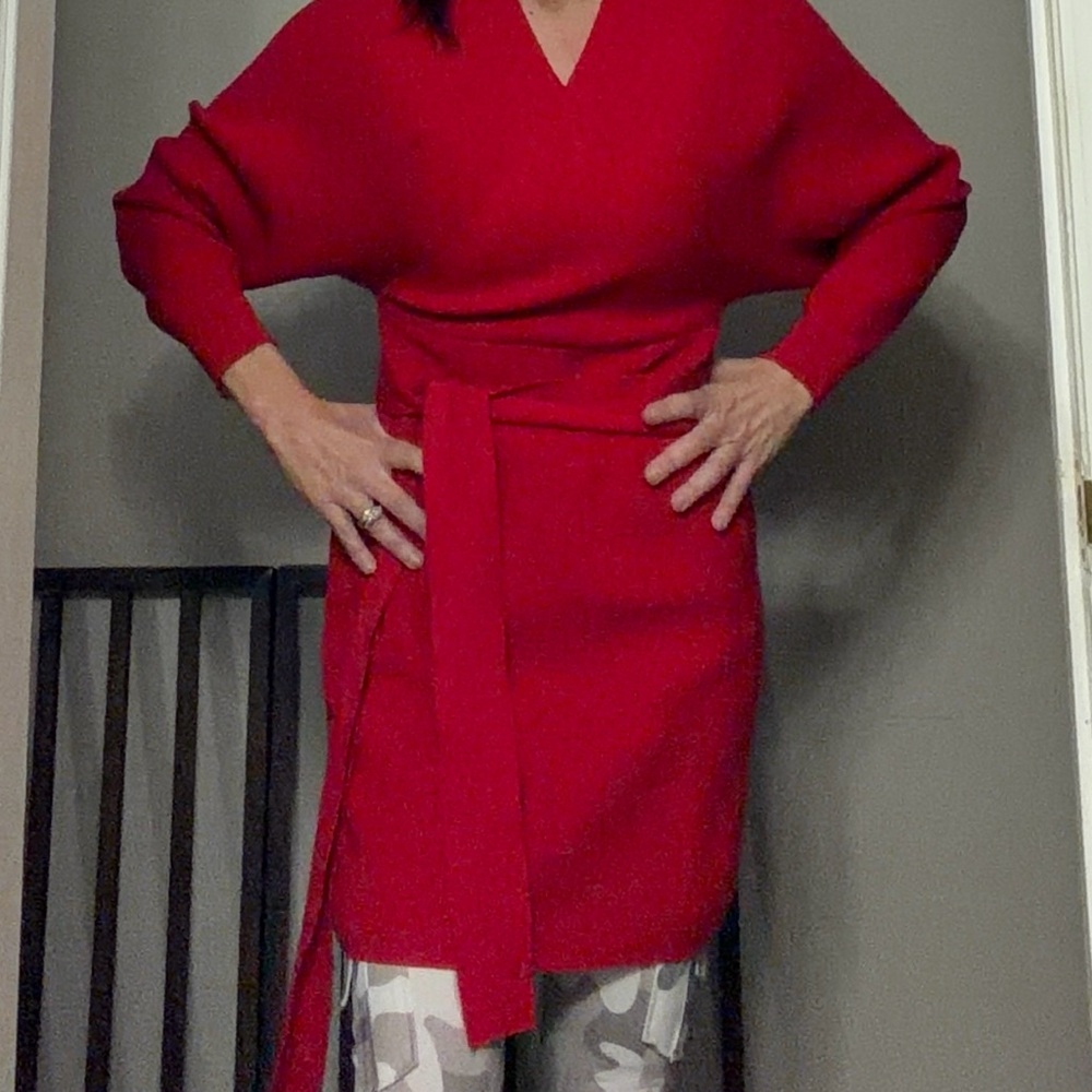 Macy's Red V-Neck Sweater Dress